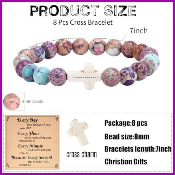 8mm Natural Stone Cross Bracelet Set, Stretch Fit, Christian Jewelry Gift - Picture 5 of 8
